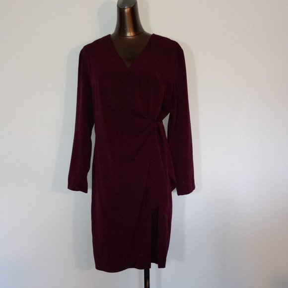 Vintage burgundy v-neck knee-length wrap dress - Picture 1 of 14